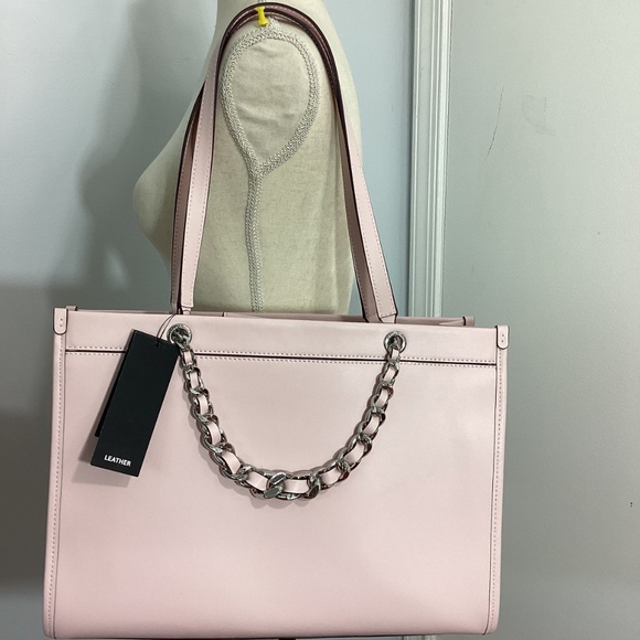 NWT KARL LAGERFELD LARGE BAG TOTE SATCHEL POWDER PINK  LEATHER SILVER CHAIN - Picture 2 of 12